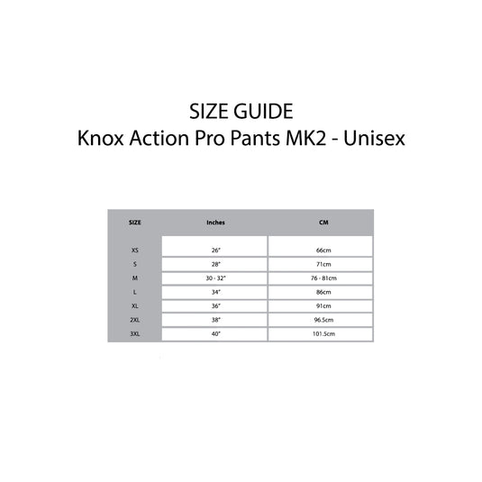 KNOX Size Chart Action Pro Pants - Unisex