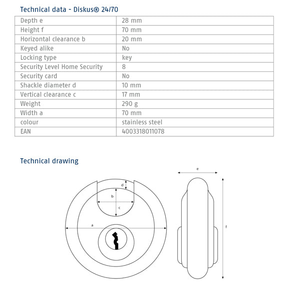Load image into Gallery viewer, ABUS 24/70 Diskus Padlock Tech Data
