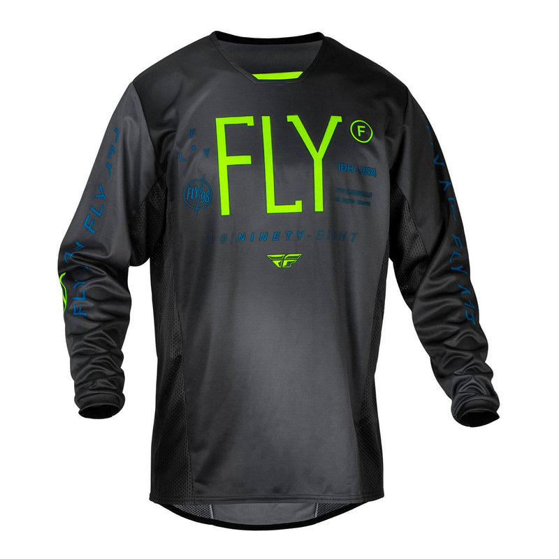 Load image into Gallery viewer, FLY Racing Youth Kinetic Jersey - Charcoal / Neon Green / True Blue
