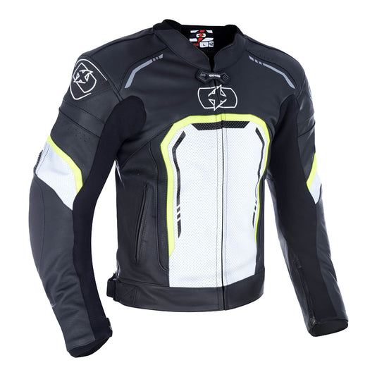 Oxford Strada Leather Jacket - Black / White / Fluro