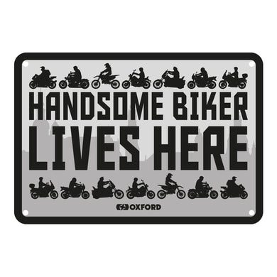 Oxford Garage Metal Sign: Handsome Biker Lives Here