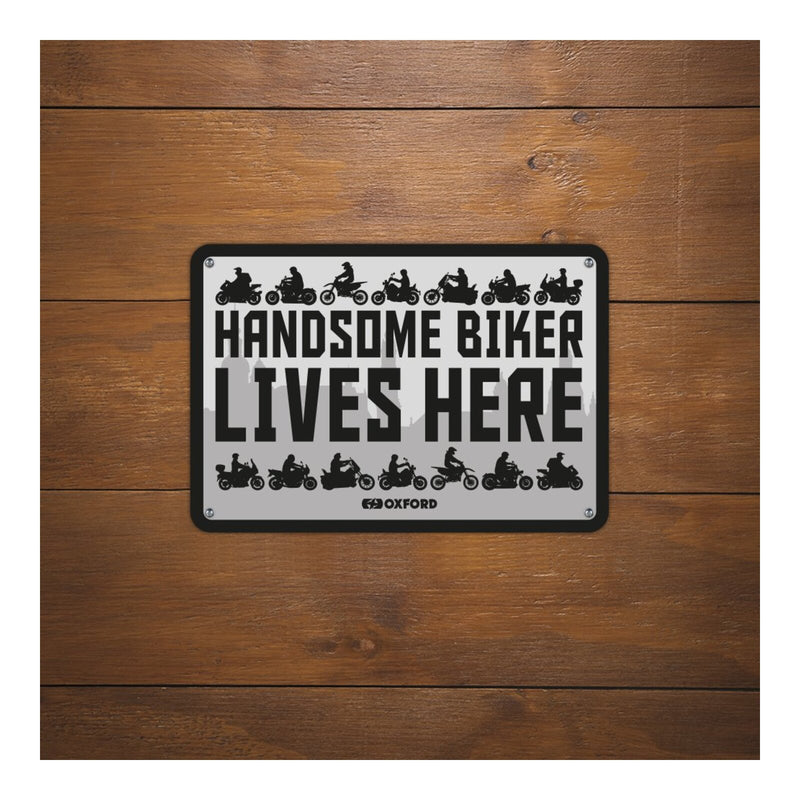 Load image into Gallery viewer, Oxford Garage Metal Sign: Handsome Biker Lives Here
