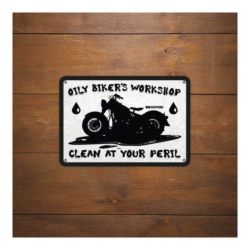 Load image into Gallery viewer, Oxford Garage Metal Sign: Oily Biker&#39;s Workshop
