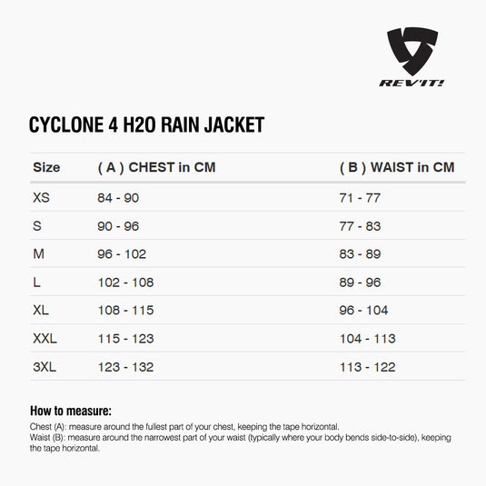 Size chart for REVIT Cyclone 4 H2O Rain Jacket